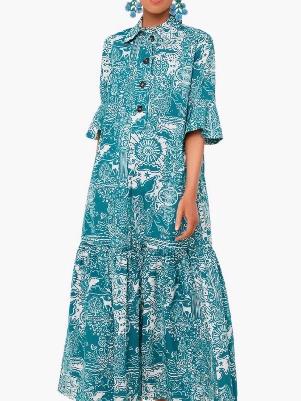 LA DoubleJ Teal & White Paisley-Print Button Maxi Dress